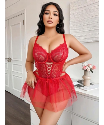 Kadın Çapraz İpli Dantelli Büyük Beden Tüllü Transparan Fantezi Gecelik 8008