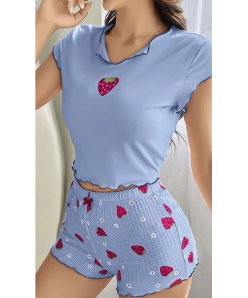 Kadın Çilek Desenli Bebe Mavi Seksi Gecelik Takım 6638