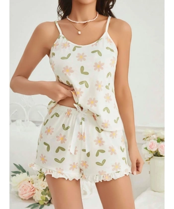 Kadın Ekru Çiçek Baskılı Şortlu Gecelik Pijama Takımı 5047