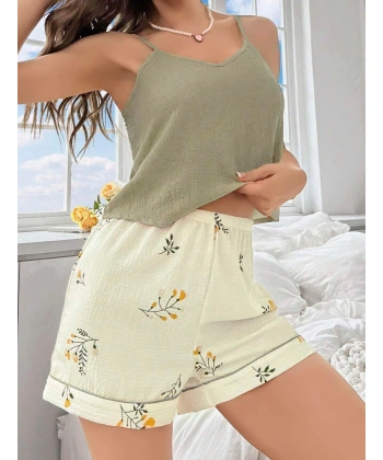 Kadın Ekru Çiçek Baskılı Şortlu Gecelik Pijama Takımı 5099