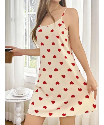 Kadın Ekru Kırmızı Kalp Desenli Askılı  Elbise 5104