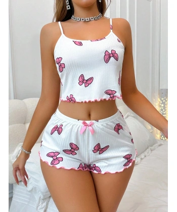 Kadın Fiyonklu Beyaz Şortlu Pijama Takımı