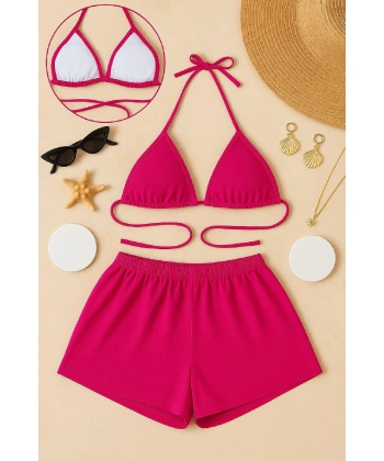 Kadın Fuşya Şortlu Belden Ve Boyundan Bağlamalı Bikini Takımı
