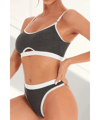 Kadın Gri Antrasit Kaşkorse Ve Beyaz Lastikli Cut-out Tanga Külotlu Takım