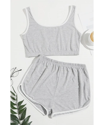 Kadın Gri Askılı Crop Top Ve Şortlu Gecelik Takım