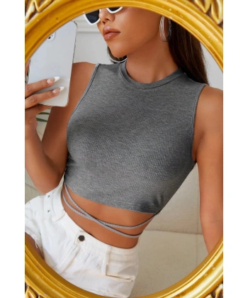Kadın Gri Çapraz Bağlamalı Crop Top Büstiyer
