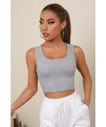 Kadın Gri Kare Yaka Crop Top Bluz