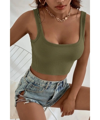 Kadın Haki Yeşili Kalın Askılı Crop Top Büstiyer