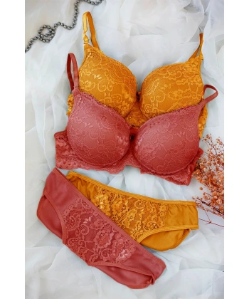 Kadın Hardal Ve Kiremit Rengi Dolgulu Balenli Sütyen Külot 2li Paket
