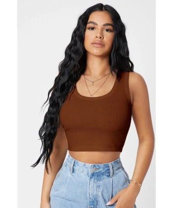 Kadın Kahverengi Kare Yaka Crop Top Bluz