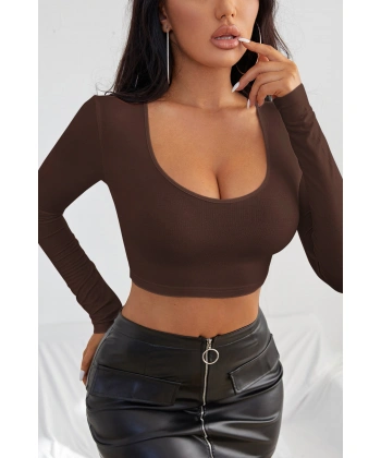 Kadın Kahverengi Uzun Kol Kare Yaka Crop Top Bluz