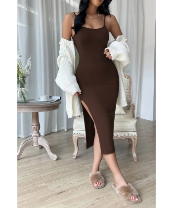 Kadın Kahverengi Yırtmaçlı Diz Altı Vücüdu Saran Gecelik