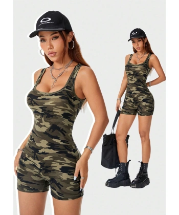 Kadın Kamuflaj Desenli Kalın Askılı Şortlu Tulum Gecelik