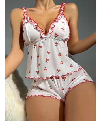 Kadın Kiraz Desenli Fırfırlı Şortlu Gecelik Takım 5101