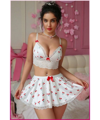 Kadın Kirazlı Fiyonklu Seksi Kostüm