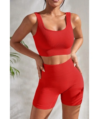 Kadın Kırmızı Kalın Askılı Yüksek Bel Şortlu Gecelik Takımı