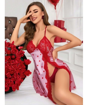 Kadın Kırmızı Kalp Desenli Saten Gecelik 2220