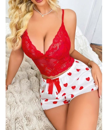 Kadın Kırmızı Kalp Desenli Şort Askılı Dantel Üst Pijama Takımı 2218