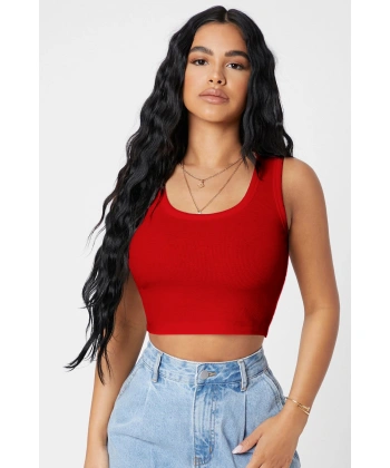 Kadın Kırmızı Kare Yaka Crop Top Bluz