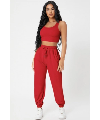 Kadın Kırmızı Kaşkorse Cepli Jogger Eşofman Altı Ve Crop Top Bluz