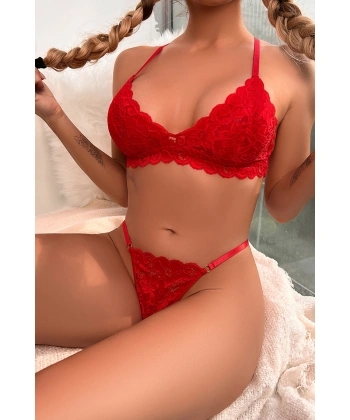 Kadın Kırmızı Sırtı Dantel Ve İp Detaylı Şık Sütyen Külot Takımı