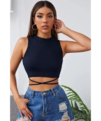 Kadın Lacivert Çapraz Bağlamalı Crop Top Büstiyer