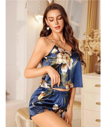 Kadın Lacivert Gül Desenli Askılı Dantel Üst Saten Pijama Takımı 2236