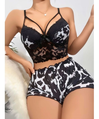 Kadın Leopar Dantel Detaylı Şortlu Gecelik Pijama Takımı 5055