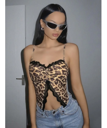 Kadın Leopar Desenli Crop Önden Dantel Detaylı 5095