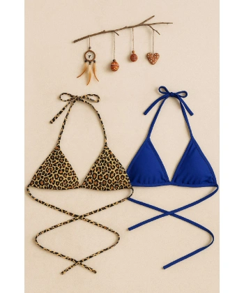 Kadın Leopar Desenli Ve Mavi Minimal Kesim Üçgen Bikini Üstü