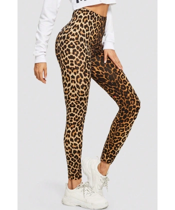 Kadın Leopar Desenli Yüksek Bel Dar Kesim Esnek Tayt