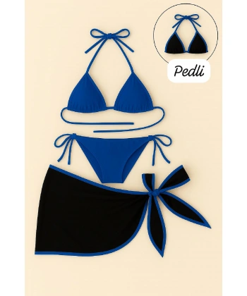 Kadın Mavi Pareolu Yandan Ve Boyundan Bağlamalı 3lü Bikini Takımı