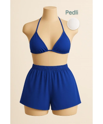 Kadın Mavi Şortlu Belden Ve Boyundan Bağlamalı Bikini Takımı