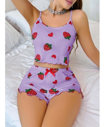 Kadın Mor Çilek Desenli Şortlu Pijama Takımı 5061