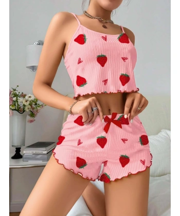 Kadın Pembe Çilek Desenli Şortlu Pijama Takımı 5056