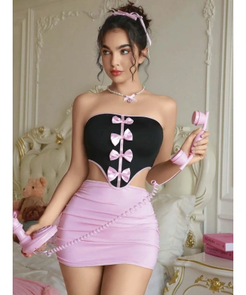 Kadın Pembe Etekli Fiyonk Detaylı Sexy Kostüm 8010