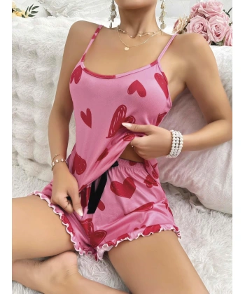Kadın Pembe Kalp Baskılı Şortlu Gecelik Pijama Takımı 5050