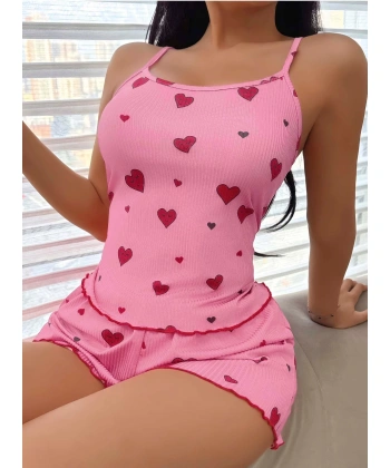Kadın Pembe Kalp Desenli Seksi Şortlu Takım 5103