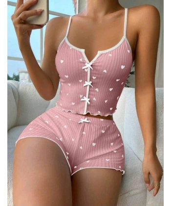Kadın Pembe Kalpli Askılı Şortlu Pijama Takım 6654