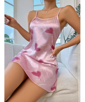 Kadın Pembe Saten Askılı Fuşya Kalp Desen Baskılı Gecelik 2217