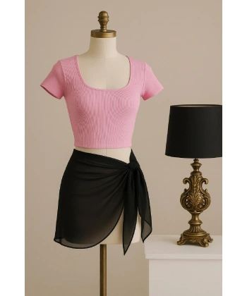 Kadın Pembe Yarım Kol Crop Ve Siyah Pareo 2li Set