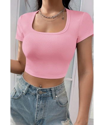 Kadın Pembe Yarım Kol Düz Yaka Crop Top Bluz