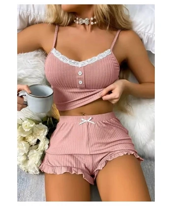 Kadın Pudra Dantel Detaylı Şortlu Gecelik Pijama Takımı 5015