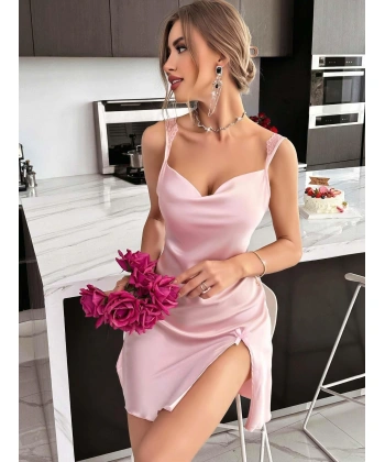 Kadın Saten Askılı Dantel Detaylı Gecelik - Pudra Pembe 2224