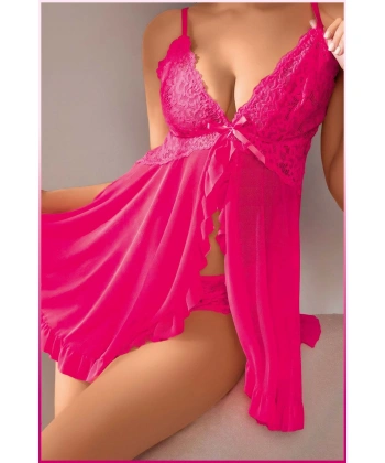 Kadın Seksi Fuşya Tül Gecelik Ve Külot Takım