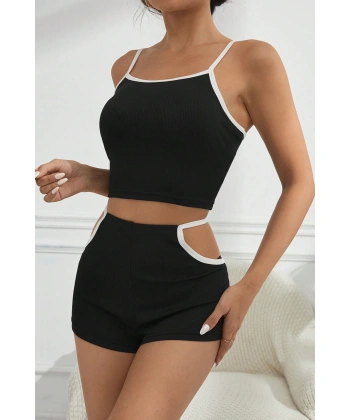 Kadın Siyah Beyaz Şortlu Cut-out Detaylı Gecelik Takımı