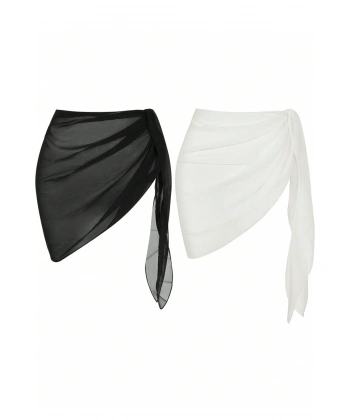 Kadın Siyah Beyaz Transparan Belden Bağlamalı Pareo 2li