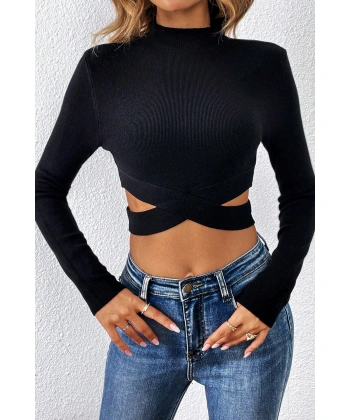 Kadın Siyah Çapraz Bel Detaylı Dik Yaka Uzun Kol Crop Top Bluz