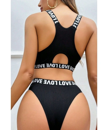 Kadın Siyah Çapraz Sırt Ve Love Lastik Detaylı Sütyen Külot Takım