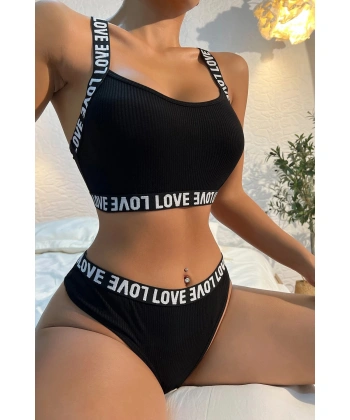 Kadın Siyah Çapraz Sırt Ve Love Yazı Detaylı Iç Çamaşır Takımı